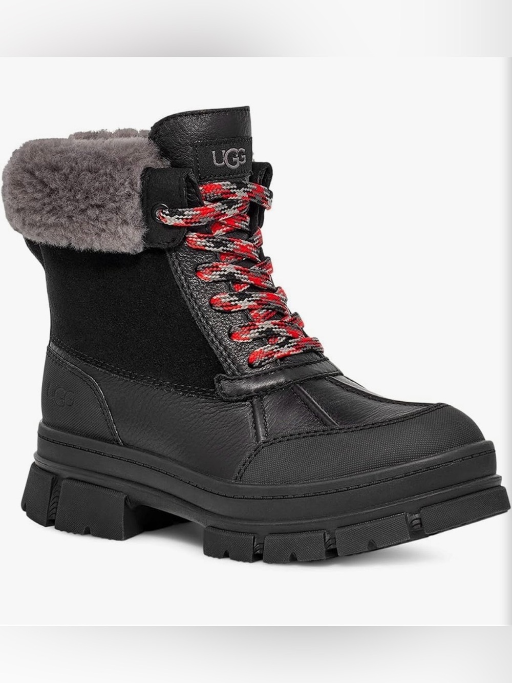 UGG Ashton Addies black waterproof boots with charcoal gray fur lining |
Size 8